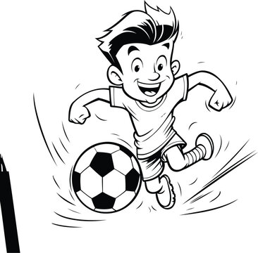 Soccer player with ball. Black and white vector illustration for coloring book.