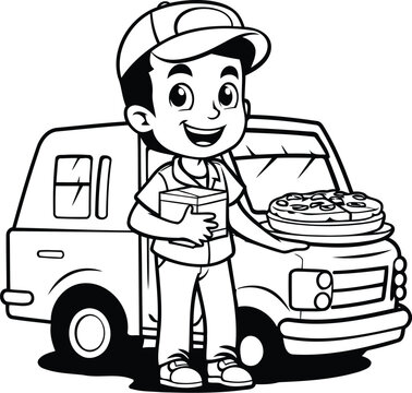 Illustration of a Delivery Boy Holding a Box of Pizza and Car