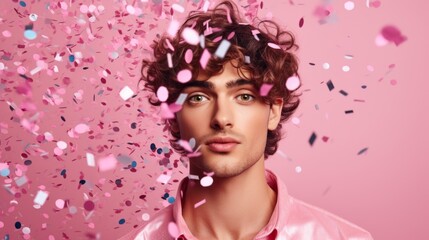 Obraz na płótnie Canvas A close-up portrait of a fashionable stylish curly-haired young man wearing a pink shirt on a colored background with festive confetti looks at the camera. The Concept Of A Holiday, A Birthday.