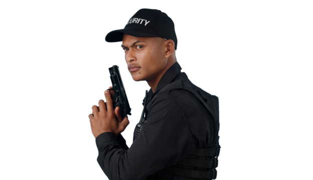 Young man, security guard and gun for shooting, protection and law with face or confident. Safety, service or weapon for isolated criminal on transparent png background for pistol, crime or police