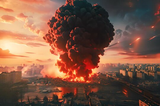 A nuclear bomb strikes a city. Explosion in the form of a mushroom cloud after an atomic strike. Catastrophe, nuclear war
