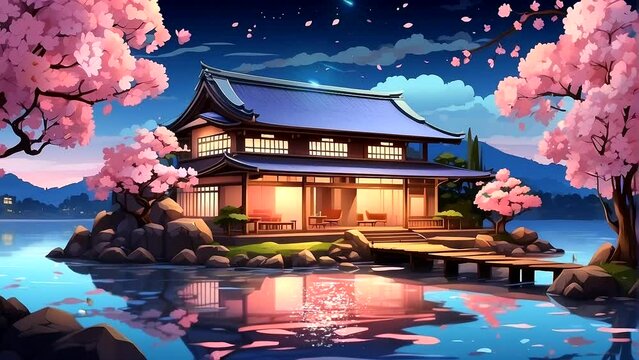 Enchanted Spring Night: Japanese House Amidst Cherry Blossoms and Calm Lake. Seamless looping 4k time-lapse virtual video animation background 