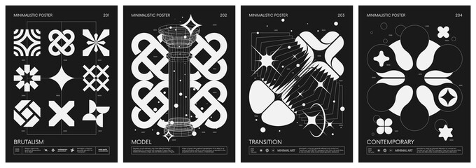 Black and White minimalistic Posters acid style with strange wireframes geometrical shapes and silhouette y2k basic figures, futuristic design inspired by brutalism, set 51