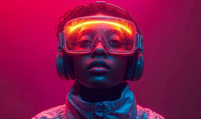 Woman with headset and luminous virtual reality goggles