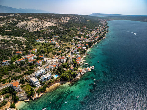 Aerial view of Stara Novalja, a village in the cove of the same name on the Pag Island, Croatia