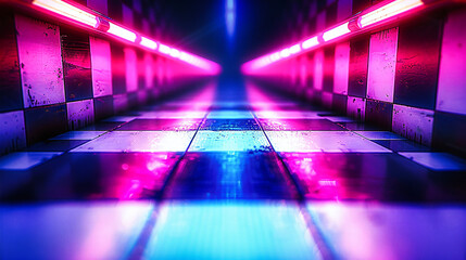 Neon Corridor, Futuristic Design with Glowing Lights, Abstract Modern Interior or Virtual Space