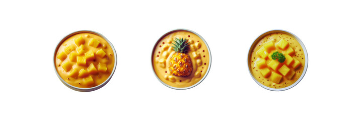 Set of top view of pineapple Cheese sauce on bowl, illustration, isolated over on transparent white background