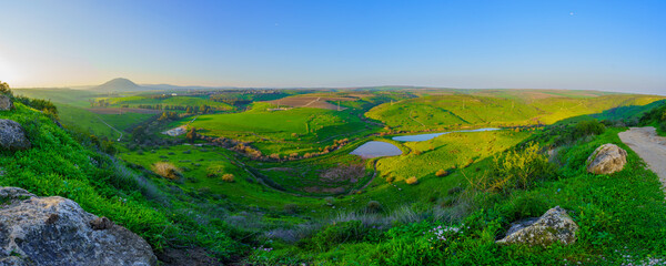 Tabor Stream panorama, with countryside, Mount Tabor