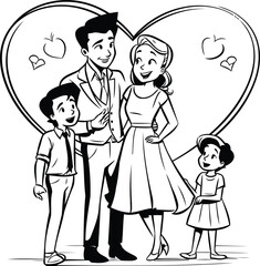 Happy family. Father. mother and children. Vector illustration in black and white