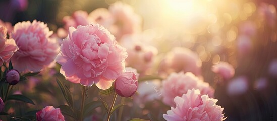 A field of blooming pink peonies stretches into the distance, with the sun shining brightly in the...