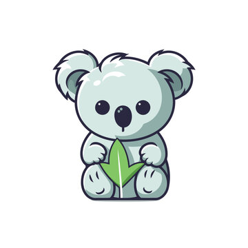 Cute cartoon koala character with green leaf. Vector illustration.