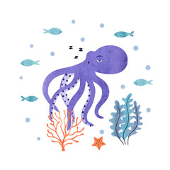 Cute sleeping octopus and fish. Marine watercolor vector illustration for kids - 743635501