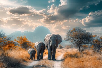 Majestic elephant family roaming in the wild - obrazy, fototapety, plakaty