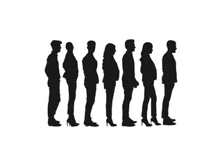 People Waiting In Line silhouette. vector silhouette people waiting. Illustration of people standing in line in perspective in black. silhouette people standing in line against white background.