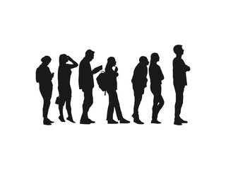 Fototapeta na wymiar People Waiting In Line silhouette. vector silhouette graphic depicting people waiting. Illustration of crowd of people standing in line in perspective in black and white isolated on white background.