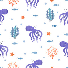 Seamless sea pattern with cute octopus, fish and seaweeds. Vector watercolor underwater illustration - 743635534