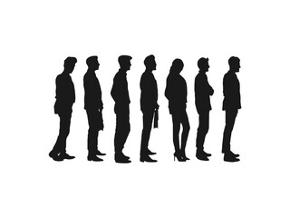 People Waiting In Line silhouette. vector silhouette people waiting. Illustration of people standing in line in perspective in black. silhouette people standing in line against white background.