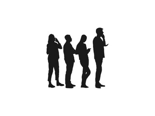 People Waiting In Line silhouette set. vector silhouette people waiting in line. people standing in line in perspective in black. silhouette people standing in line against white background.