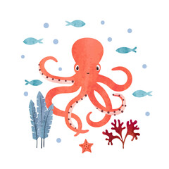 Cute baby octopus vector illustration. Marine watercolor poster, print for kids - 743635576