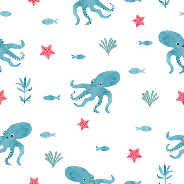 Seamless sea pattern with cute octopus, fish and seaweeds. Vector watercolor ocean illustration