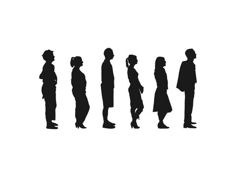 People Waiting In Line silhouette set. vector silhouette people waiting in line. people standing in line in perspective in black. silhouette people standing in line against white background.
