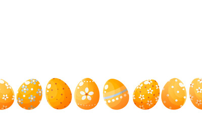 Obraz premium Seamless horizontal border of Easter yellow eggs with cute patterns. Happy easter. Easter banner, card, poster.Design element. Vector illustration on a white background.