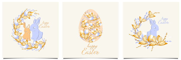 set of Easter cards with bunnies, eggs and willow branches in blue and yellow colour