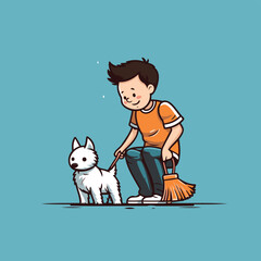 Boy with his dog. Vector illustration. Cute cartoon character. - obrazy, fototapety, plakaty
