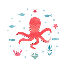 Cute baby octopus and fish. Marine watercolor vector illustration for kids - 743636501