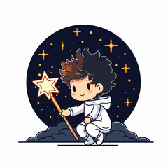 Cute little boy with magic wand in the night sky. Vector illustration.