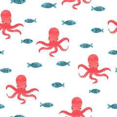 Seamless sea pattern with cute octopus. Vector watercolor marine baby print - 743636762