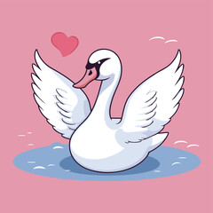 Vector illustration of a white swan on a pink background with hearts.