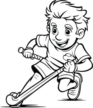Boy playing ice hockey - Black and White Cartoon Illustration. Vector