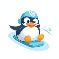 Cute penguin on snowboard. Funny cartoon penguin. Vector illustration.