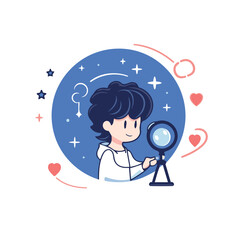 Cute boy with magnifying glass and hearts. Vector illustration.