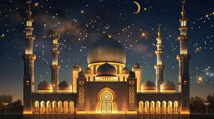 beautiful islamic mosque at night with lights. ramadan kareem holiday celebration background concept