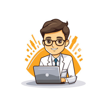doctor with laptop computer over white background. colorful design. vector illustration