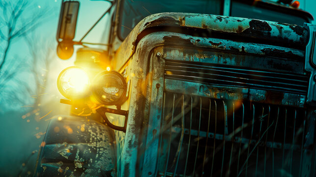 Close up of a front headlight and grill of of a rusted out vintage pick up truck.