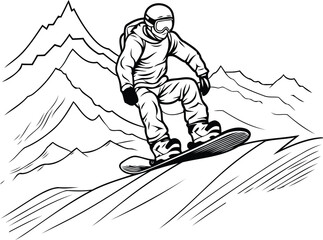 Snowboarder in action. extreme sport. Black and white vector illustration.