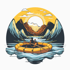 Kayaking in the mountains. Vector illustration of a man in a boat on the lake.