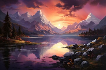 Fototapeta na wymiar Sunset Serenity: Majestic Mountains and Calm Lake