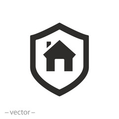 house protection icon, property insurance, shield with home, flat symbol on white background - vector illustration