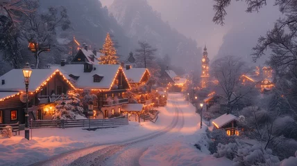Rolgordijnen Snowy village scene under a gentle snowfall © bannafarsai