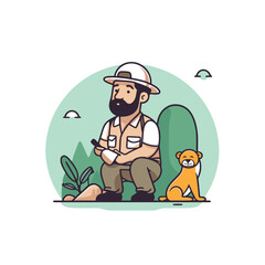 Vector illustration of a man sitting with a dog in the park.