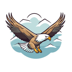 Bald Eagle flying in the sky with clouds. Vector illustration.
