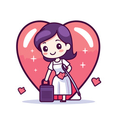 Cute cartoon girl with a suitcase and heart. Vector illustration.