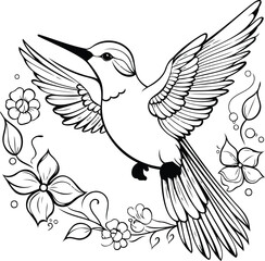 Coloring page with a hummingbird and flowers. Vector illustration.