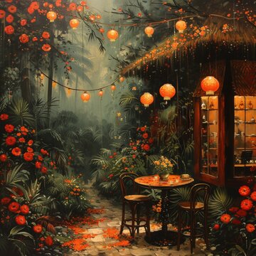 Outdoor cafe in the midst of forest and nature.
