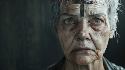 Poignant Portrait of Elderly Woman with Ashen Cross on Forehead,  Ash wednesday