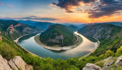 panoramic sunset view with one of most picturesque meander of arda river near kardzhali rodopi mountains in bulgaria - obrazy, fototapety, plakaty